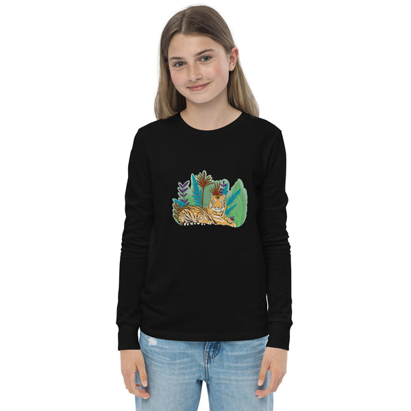 Tiger In The Woods - Youth long sleeve Unisex tee - 4 Colors