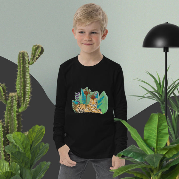 Tiger In The Woods - Youth long sleeve Unisex tee - 4 Colors